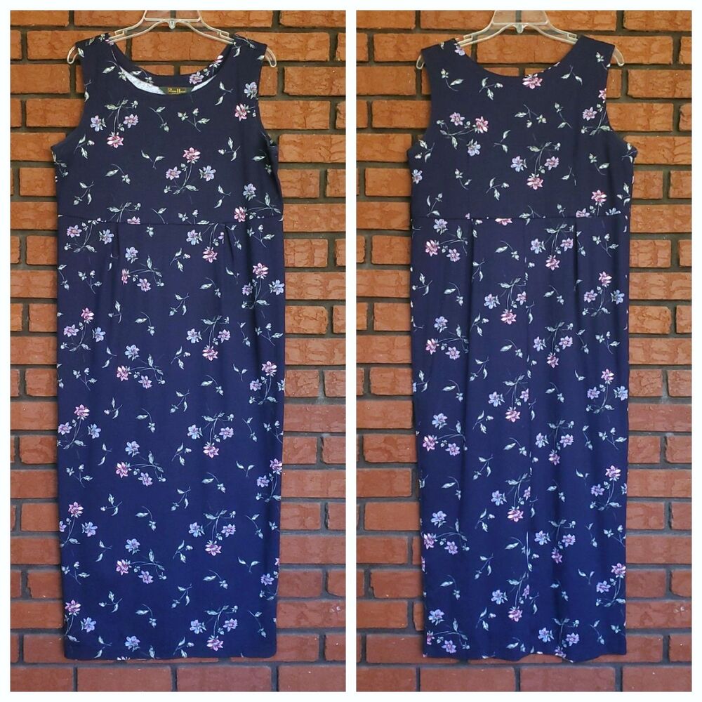VTG Manor House Sleeveless Maxi Dress Sz L Blue Floral Jumper Teacher 80s USA